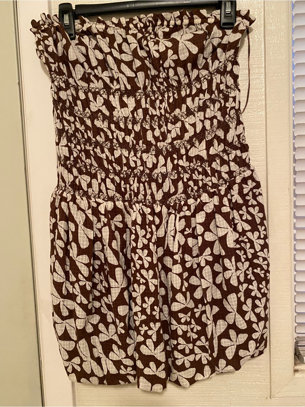 NWT Free People Annalise Brown and Cream Floral Smocked Mini Dress, Size S.